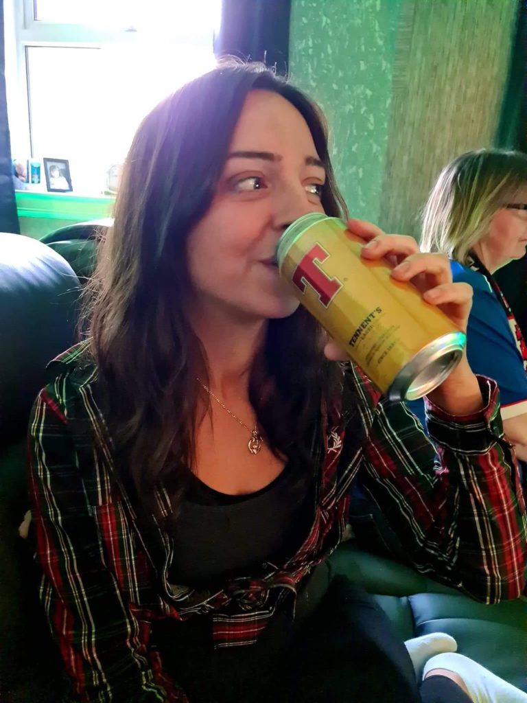 Kirsty celebrates Scotland win with a can of Tenants!